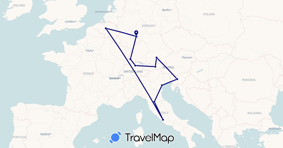 TravelMap itinerary: driving in Austria, Belgium, Switzerland, Germany, Italy, Slovenia (Europe)